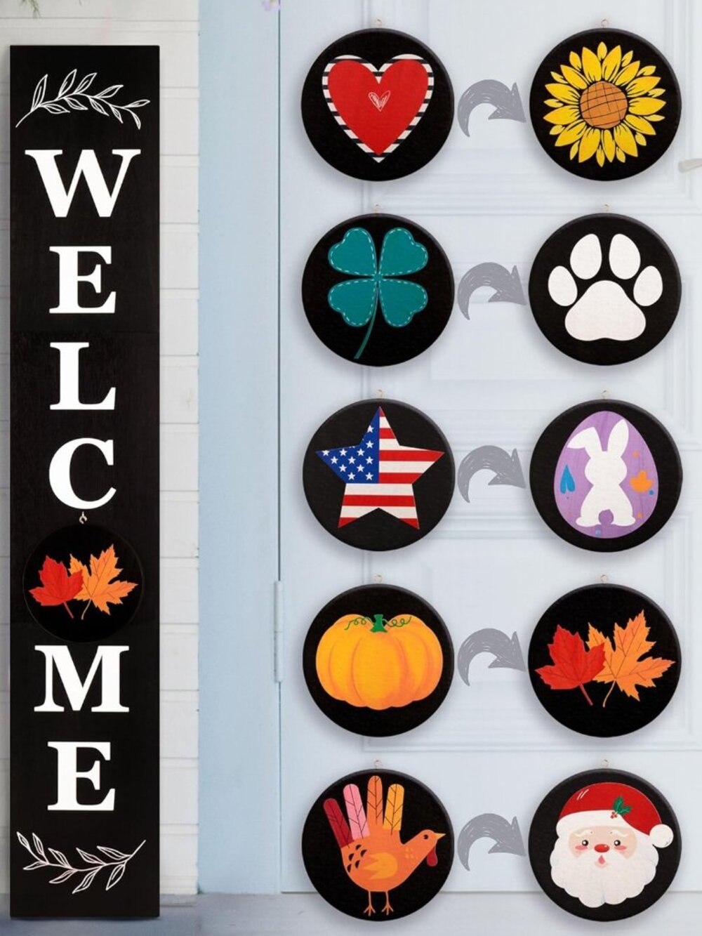 Welcome sign for front porch standing, 47 x 7.9 Inch Wooden Leaner Sign with 10